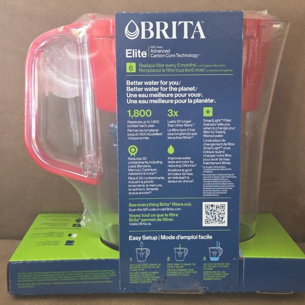New Brita Elite 6-Cup Red Water Pitcher 1 Pack Clean Filter Smart Filter Alert